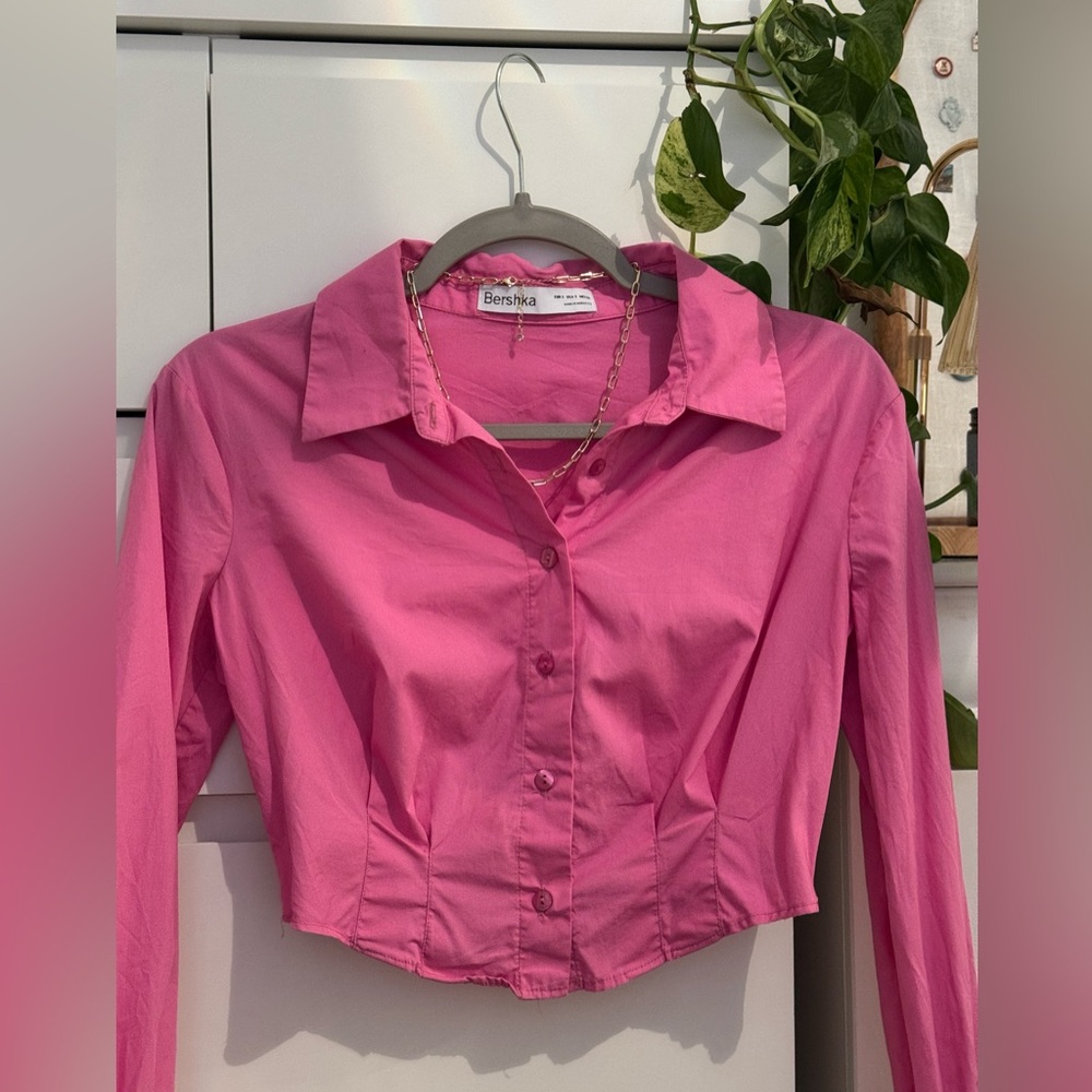 Bershka hot pink cropped long sleeve button up shirt business going out nice top